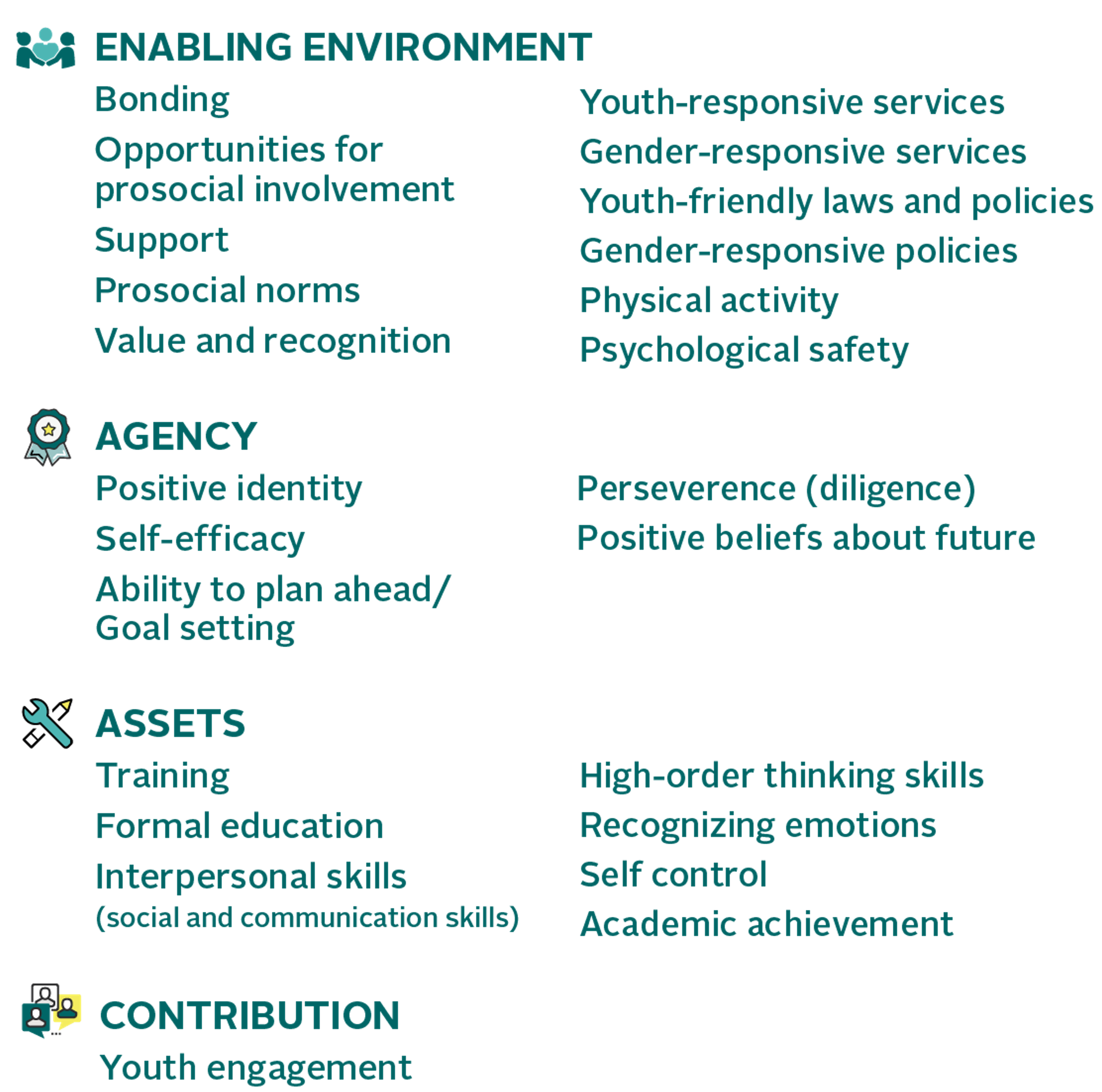 Positive Youth Development framework details describing enabling environment, agency, assets, and contribution