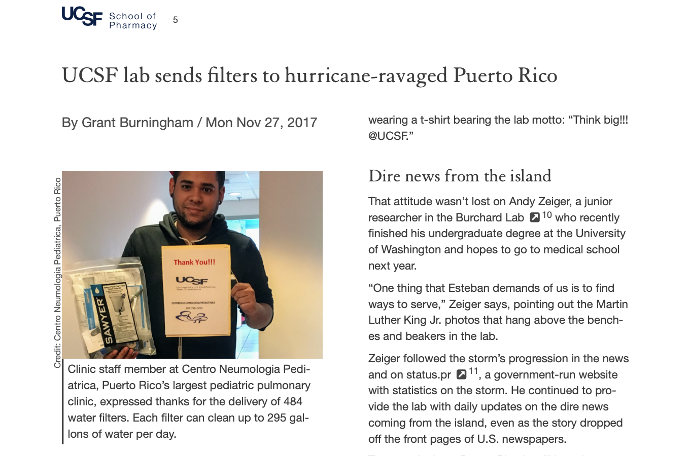 UCSF Lab Sends Filters to Hurricane-Ravaged Puerto Rico